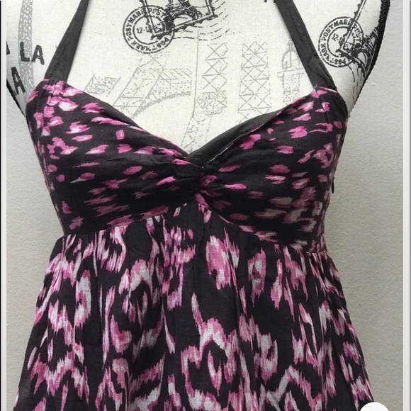 Anne Taylor LOFT Petite 4P Halter Women Dress IKAT Cotton Brown Pink Summer - Picture 3 of 10
